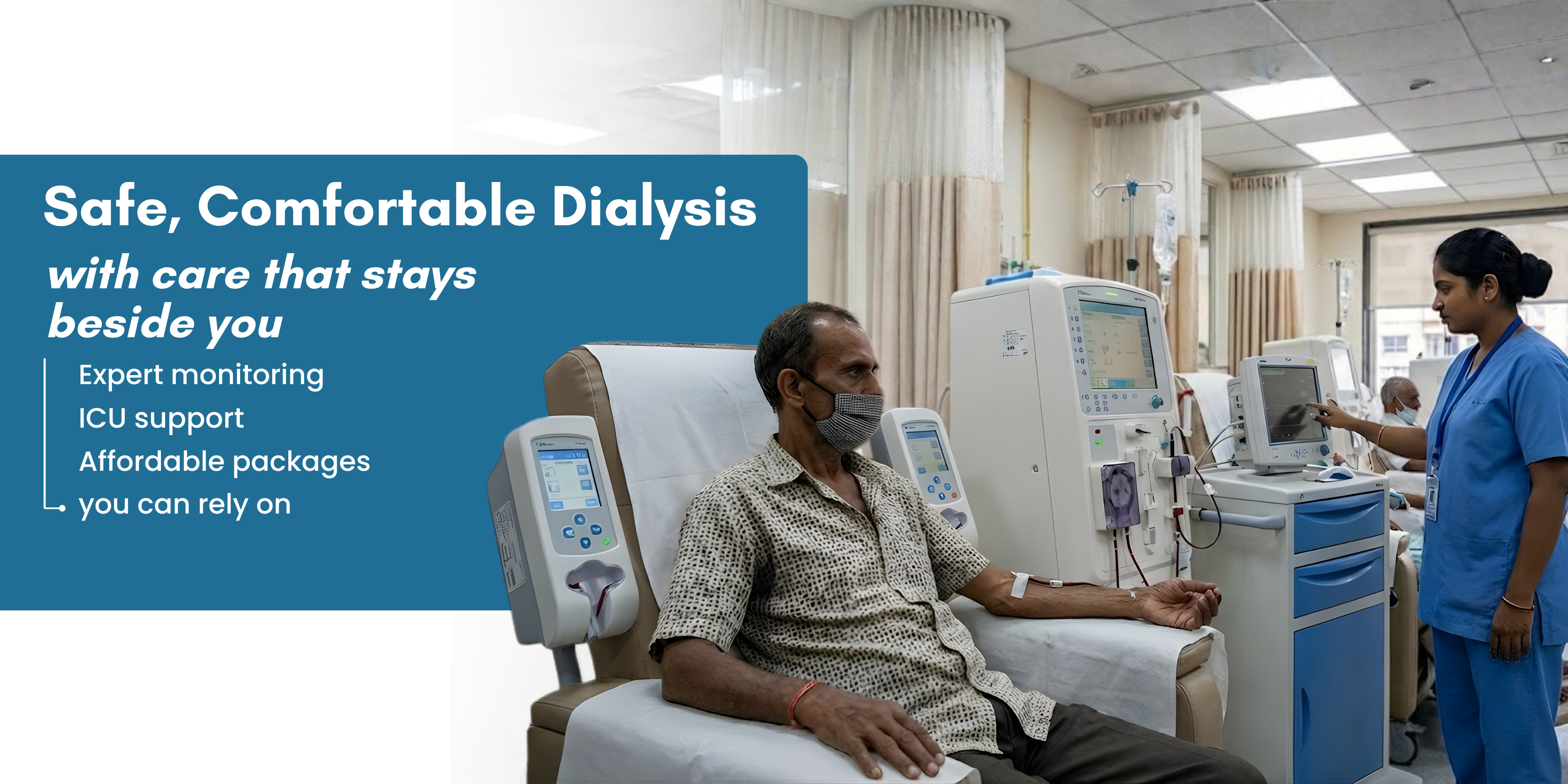 Patient receiving dialysis treatment under nurse supervision in a clean and comfortable dialysis center.